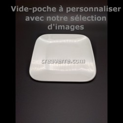 VIDE POCHE PORCELAINE BLANCHE CARRÉ COINS ARRONDIS, 15 CM, gravure laser gris/noir